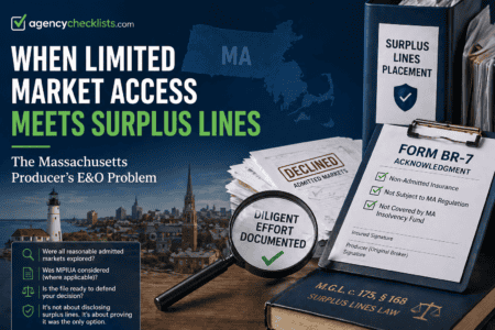 Massachusetts surplus lines placement and E&O risk documentation