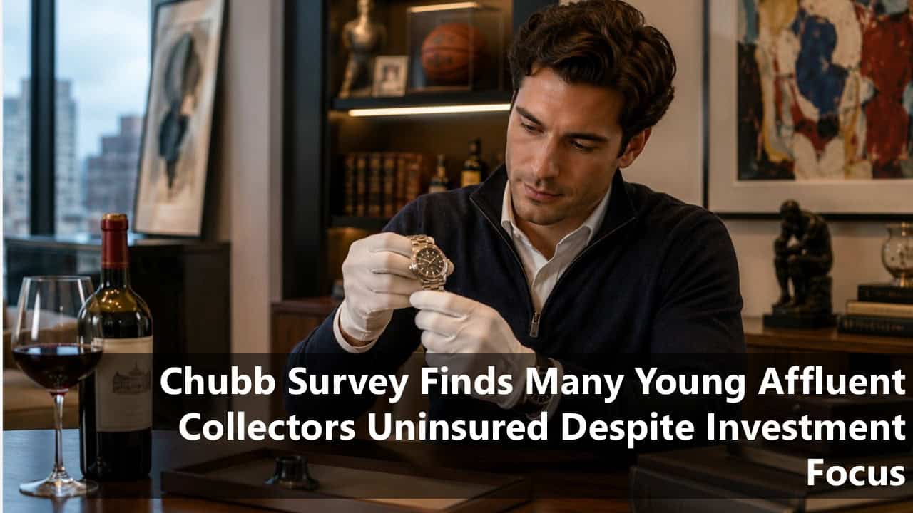 Man wearing white gloves inspects a luxury wristwatch at a wood desk in a stylish office, with a wine bottle and glass nearby.
