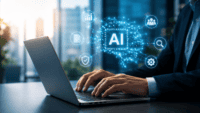 Hands typing on a laptop as a blue AI hologram and interconnected icons float above the keyboard.