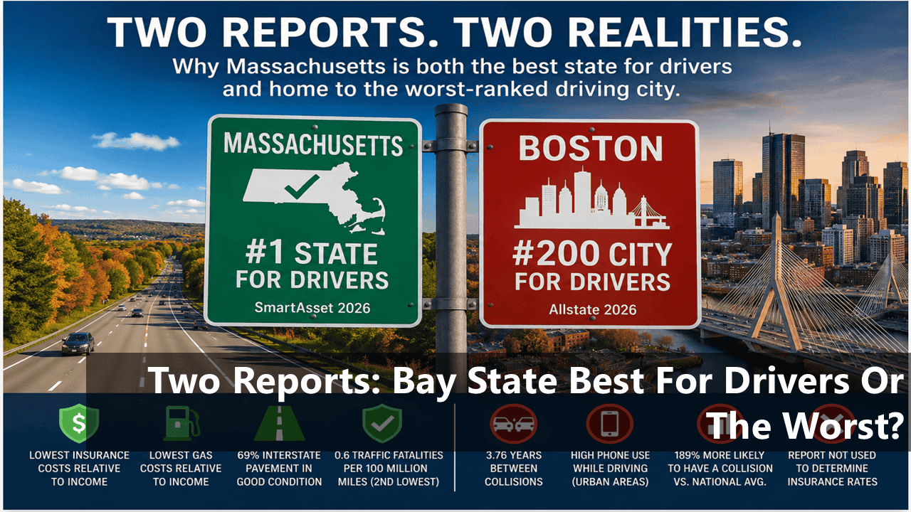 Split road-sign infographic comparing Massachusetts and Boston driving rankings, with a highway and city skyline in the background.
