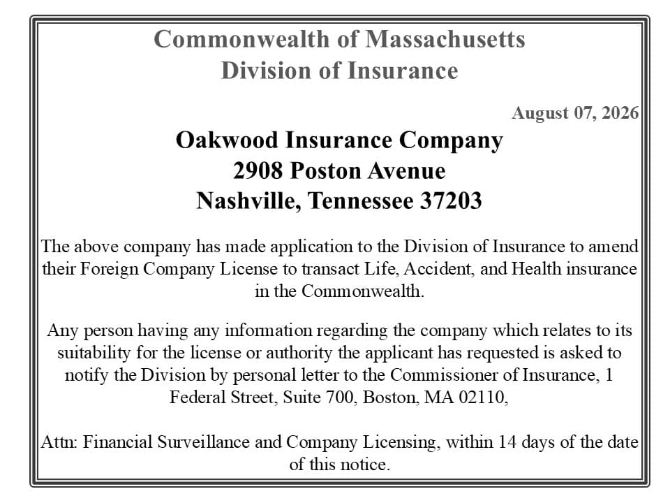 Massachusetts Division of Insurance notice about Oakwood Insurance Company's license to transact life, accident, and health insurance.