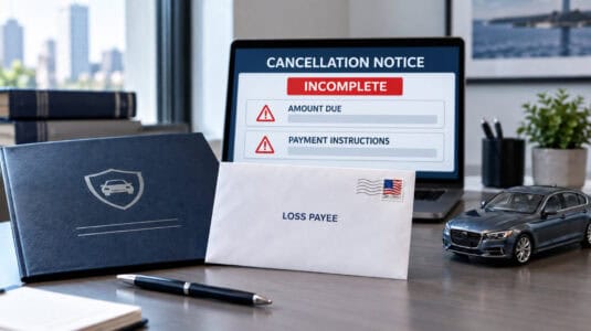 Auto insurance loss payee cancellation notice marked incomplete because the amount due and payment instructions are missing.