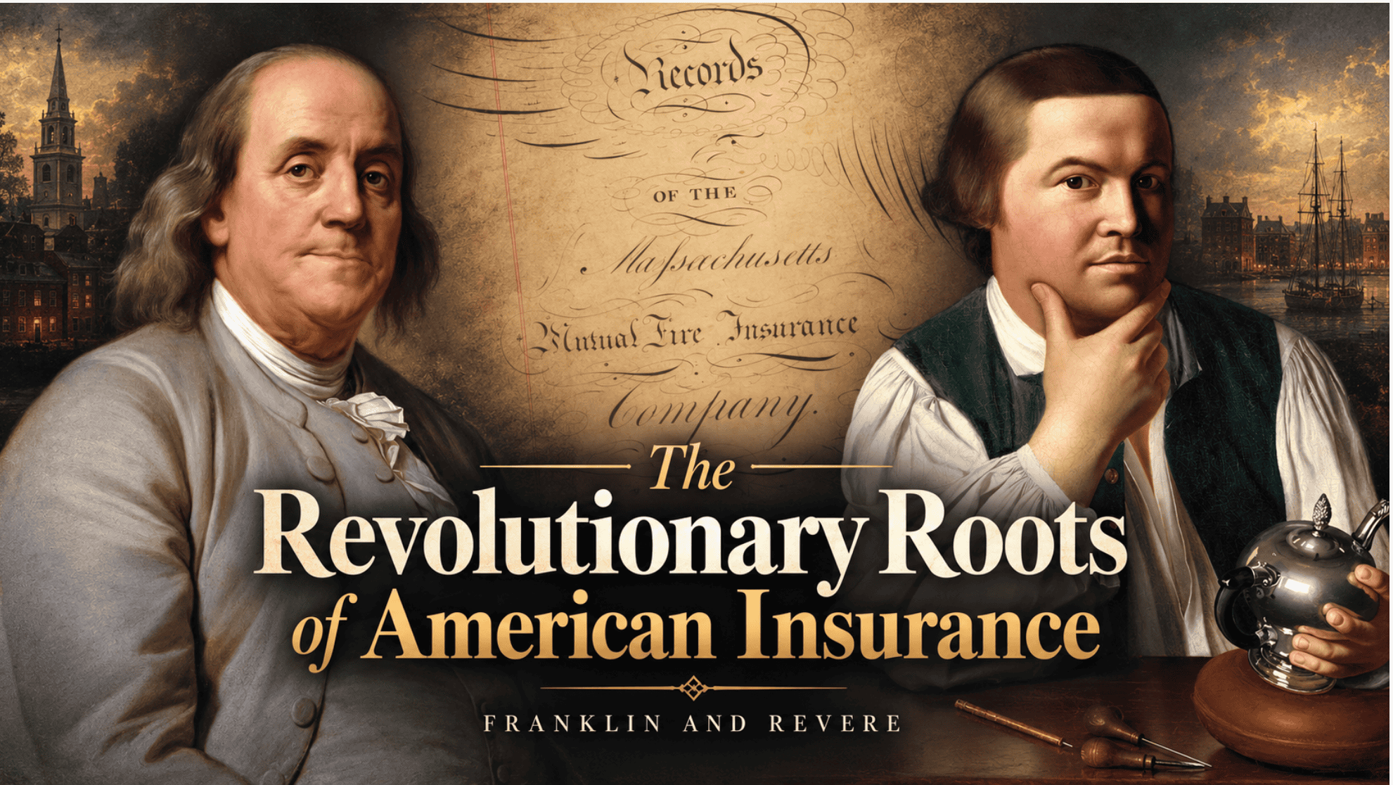 Portraits of Benjamin Franklin and Paul Revere representing early American fire insurance history