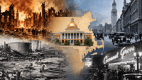 Historical collage depicting the Great Boston Fire of 1872, the 1919 Molasses Flood, early automobiles, the Cocoanut Grove nightclub, and the Massachusetts State House, illustrating major events in Massachusetts insurance history.